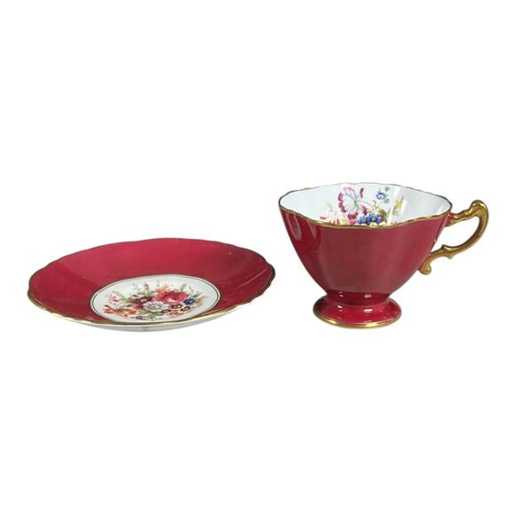 Vintage Hammersley & Co Footed TeaCup &Saucer Gold Trim Maroon Bone China Floral - Picture 2 of 9